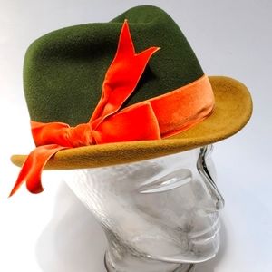 Vintage Green & Gold Wool Felt Bowler Hat Orange Valor Ribbon or Cloche …
